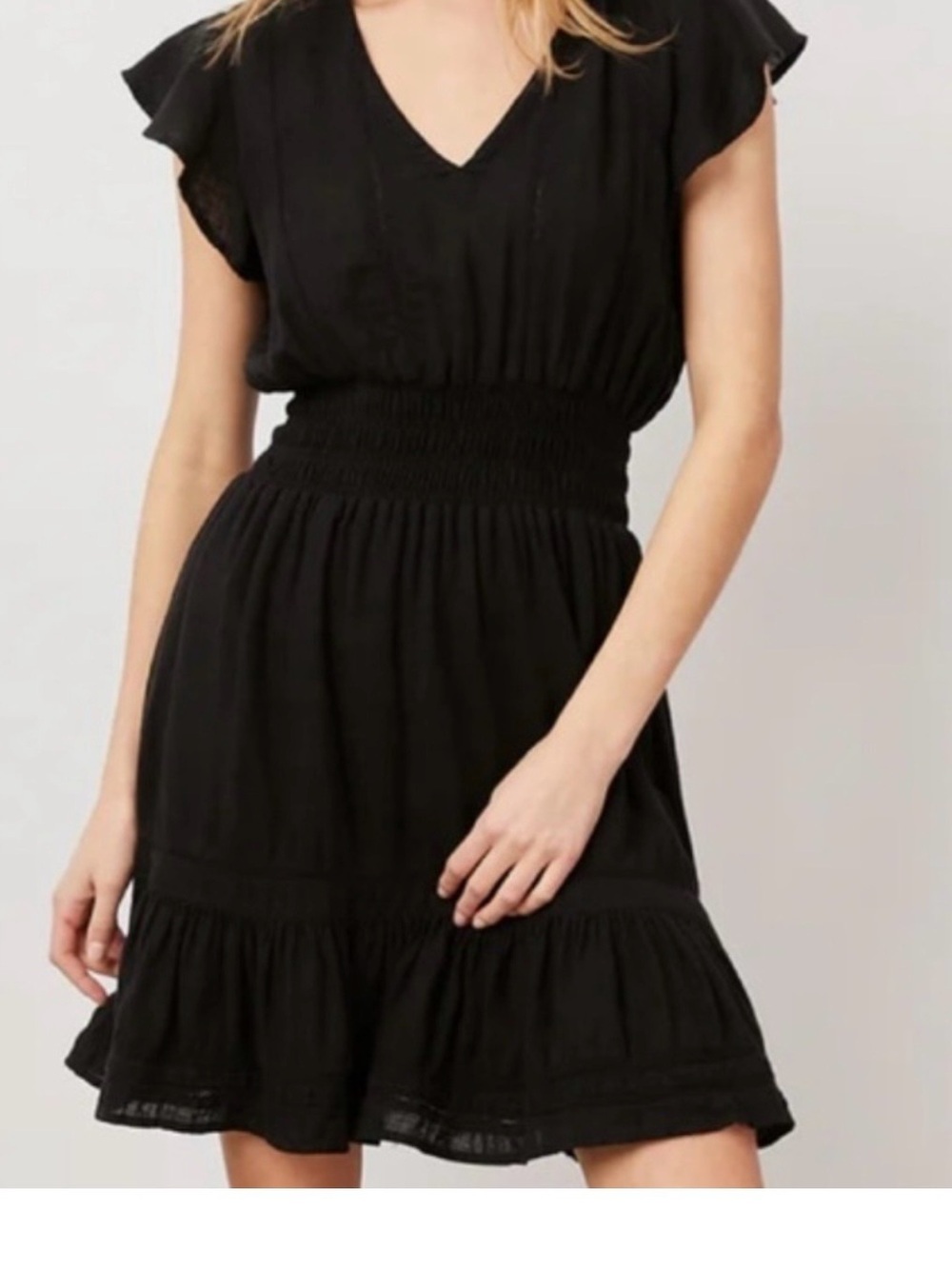 Rails Black V-Neck Smocked Waist Tiered Mini Dress 0176